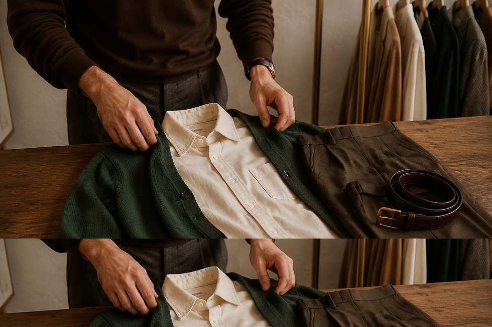 Stylist arranging a cream shirt, green cardigan, brown trousers and leather belt on a wooden table.