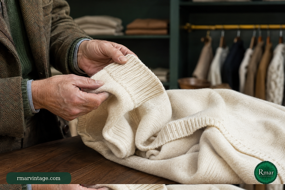 Close-up of a curator checking the cuff, knit structure and seam of a cream vintage jumper.
