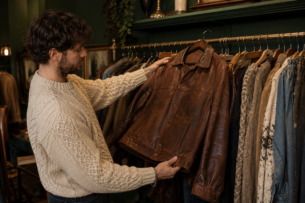 Customer examining a brown vintage leather jacket inside a London vintage shop – Rmar Vintage
