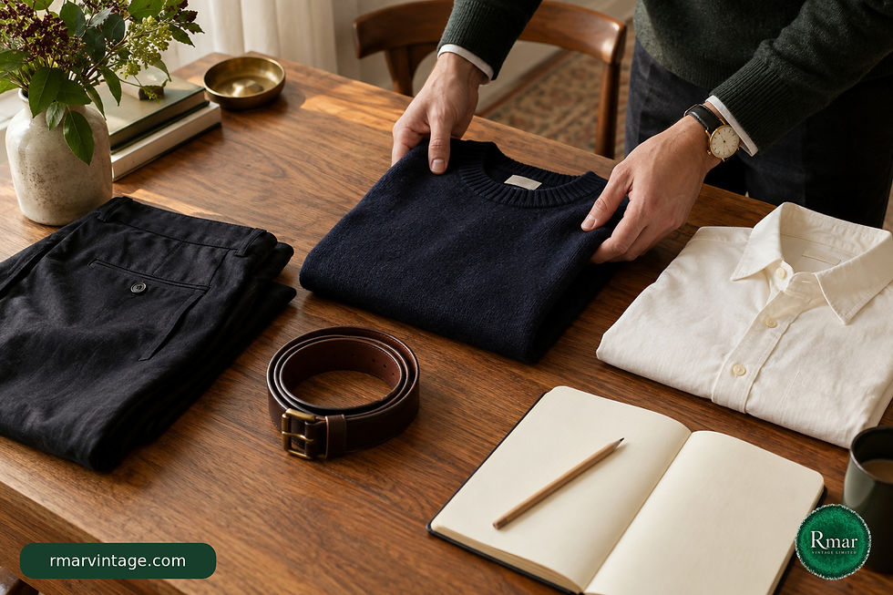 Hands arranging navy knitwear, a cream shirt, dark trousers and a brown belt beside a blank notebook.