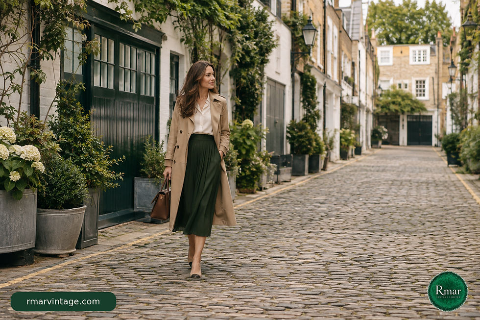 Woman wearing a camel trench coat, cream blouse and forest-green skirt on a quiet London mews.