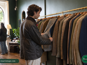 Customer browsing a brass rail of vintage jackets in a refined forest-green clothing shop.