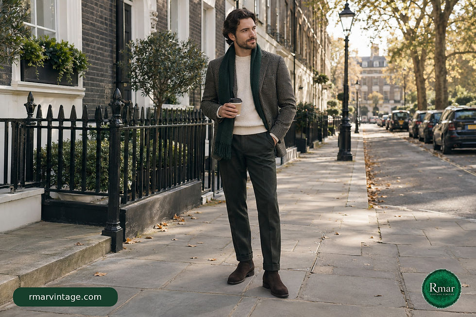 Man wearing a subtle checked blazer over a cream knit on a quiet Bloomsbury street in London.