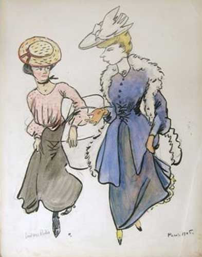 Untitled by Ludovic-Rodo Pissarro, watercolor, ink and pencil on paper, 12.625"x9 7/8", signed and dated. Two women talking.