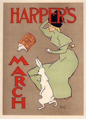 Harper's Magazine by Edward Penfield, lithograph, 15.625" x 11.325", signed in the stone. Woman in green dress, white rabbit.