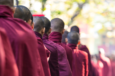 Buddhist Monks Queuing for Meal