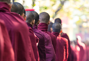 Buddhist Monks Queuing for Meal