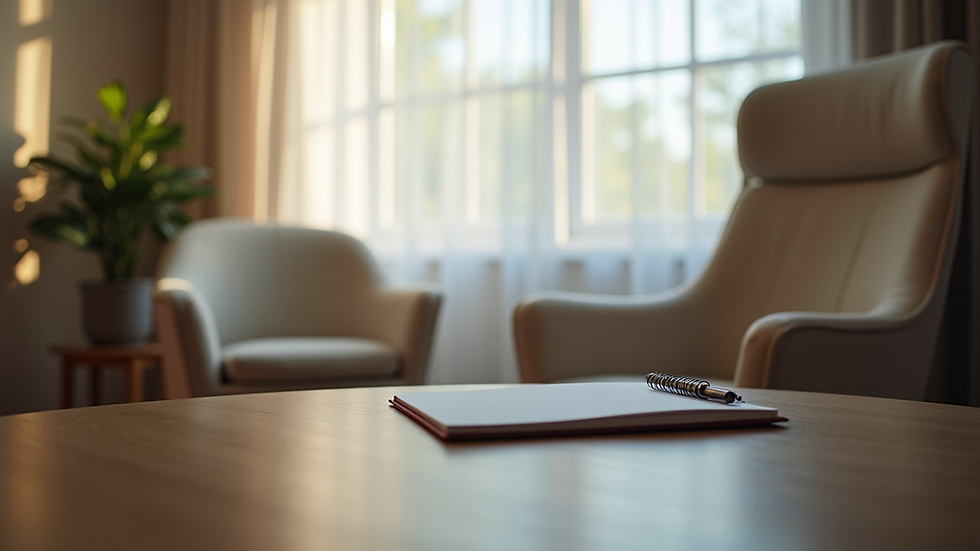 Eye-level view of a cozy consultation room with a comfortable chair and a notepad on a table