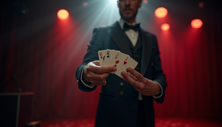 Eye-level view of a magician performing a card trick on stage with dramatic lighting