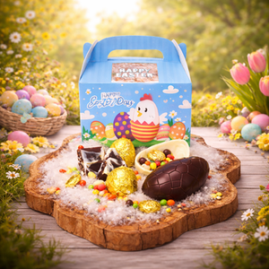 Easter gift box with handcrafted chocolate eggs, colorful candies, and chocolate treats displayed on a wooden board in a spring garden setting, part of the Fait Maison Easter Collection in Bali.