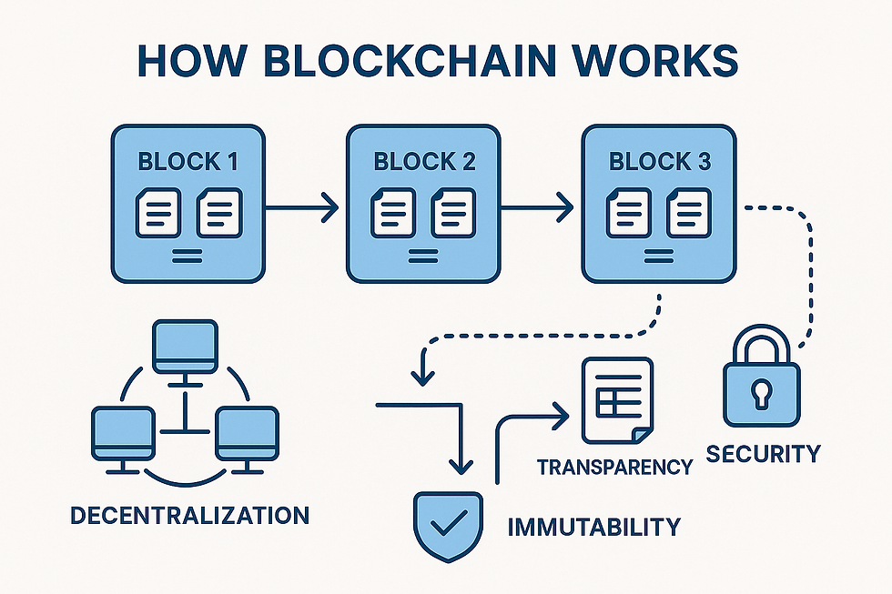 Flowchart titled "How Blockchain Works" shows blocks linked by arrows, depicting decentralization, transparency, immutability, and security.