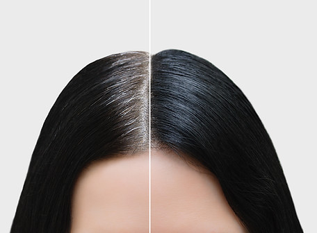 Head of a girl with black gray hair. Hair coloring. Before and after. Close-up..jpg