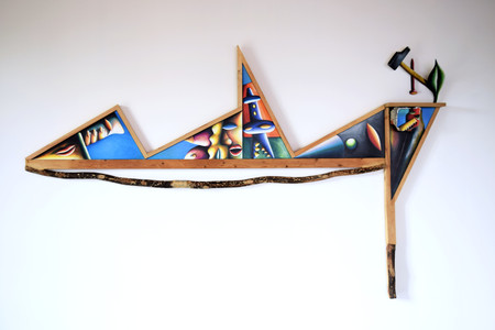 Marc Chopy
Temple de la Nature n° 3, 1987.
Peinture et sculpture, huile sur bois, huile sur pierre, pastel à la cire sur papier marouflé, branche. H 162 X L 276.
Photo : Jeanne Chopy ꕥ