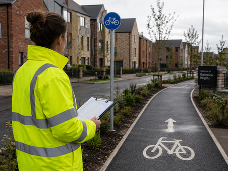 Travel Plan Coordinator reviewing active travel infrastructure as part of a site audit