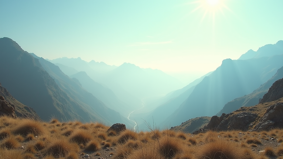 Eye-level view of a serene landscape with mountains and a clear sky