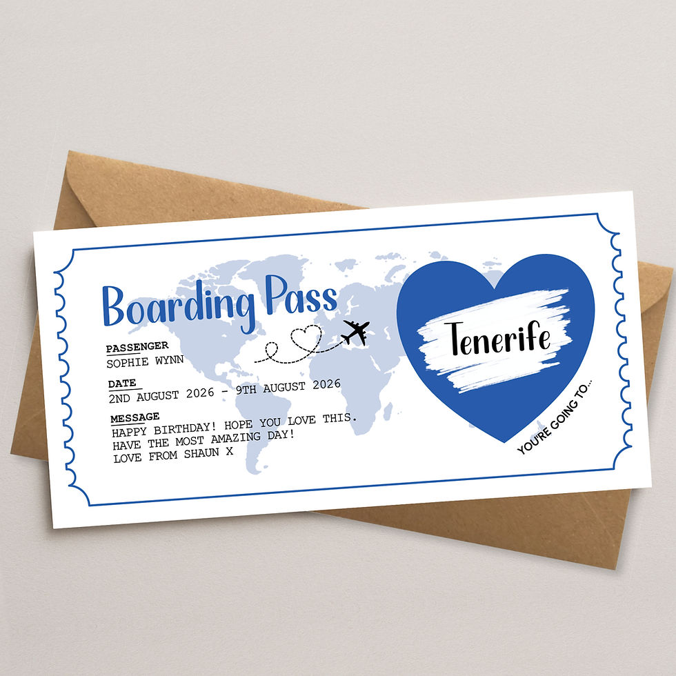 Blue heart boarding pass holiday scratch card with Kraft brown envelope