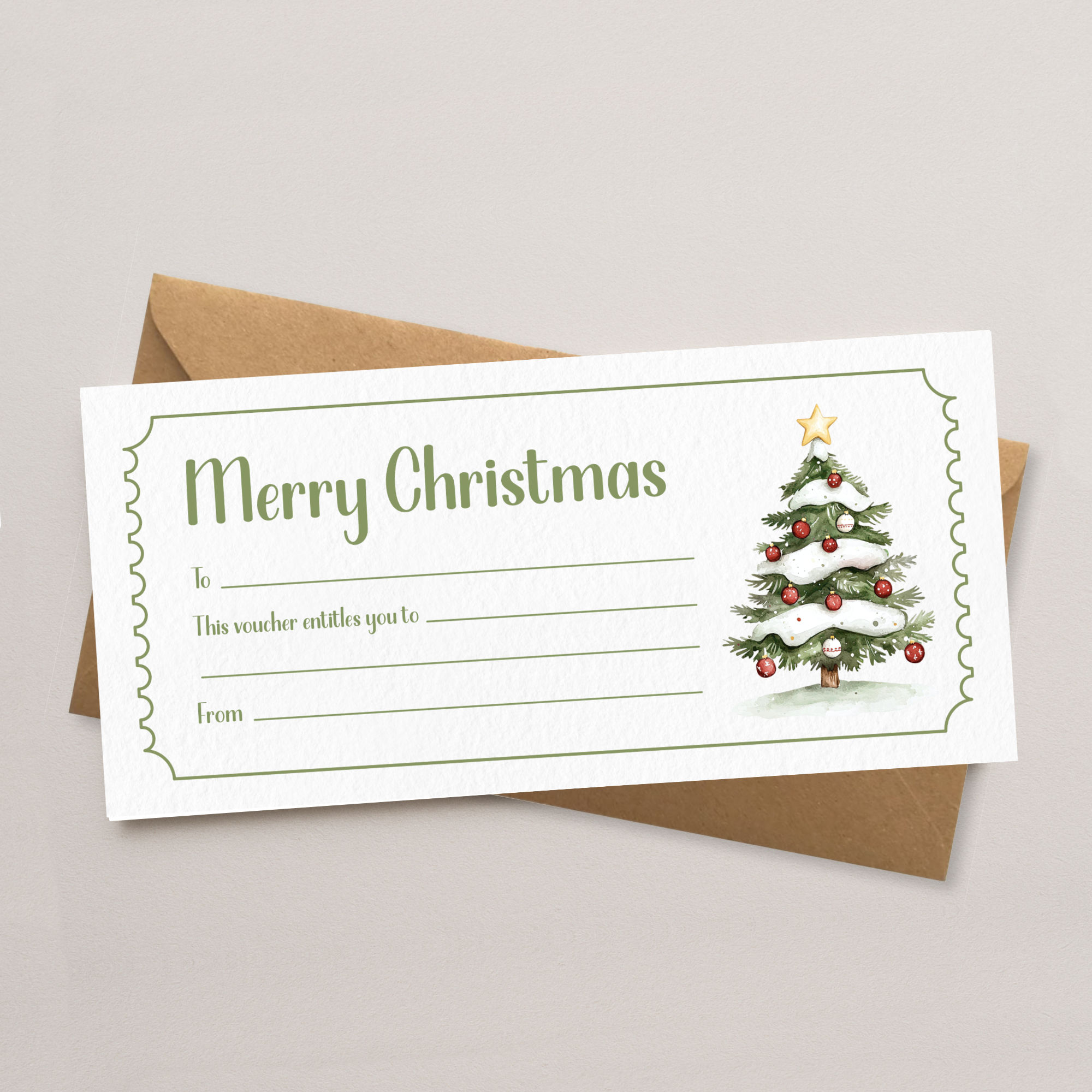 Personalisable green blank Christmas tree gift voucher with Kraft brown envelope