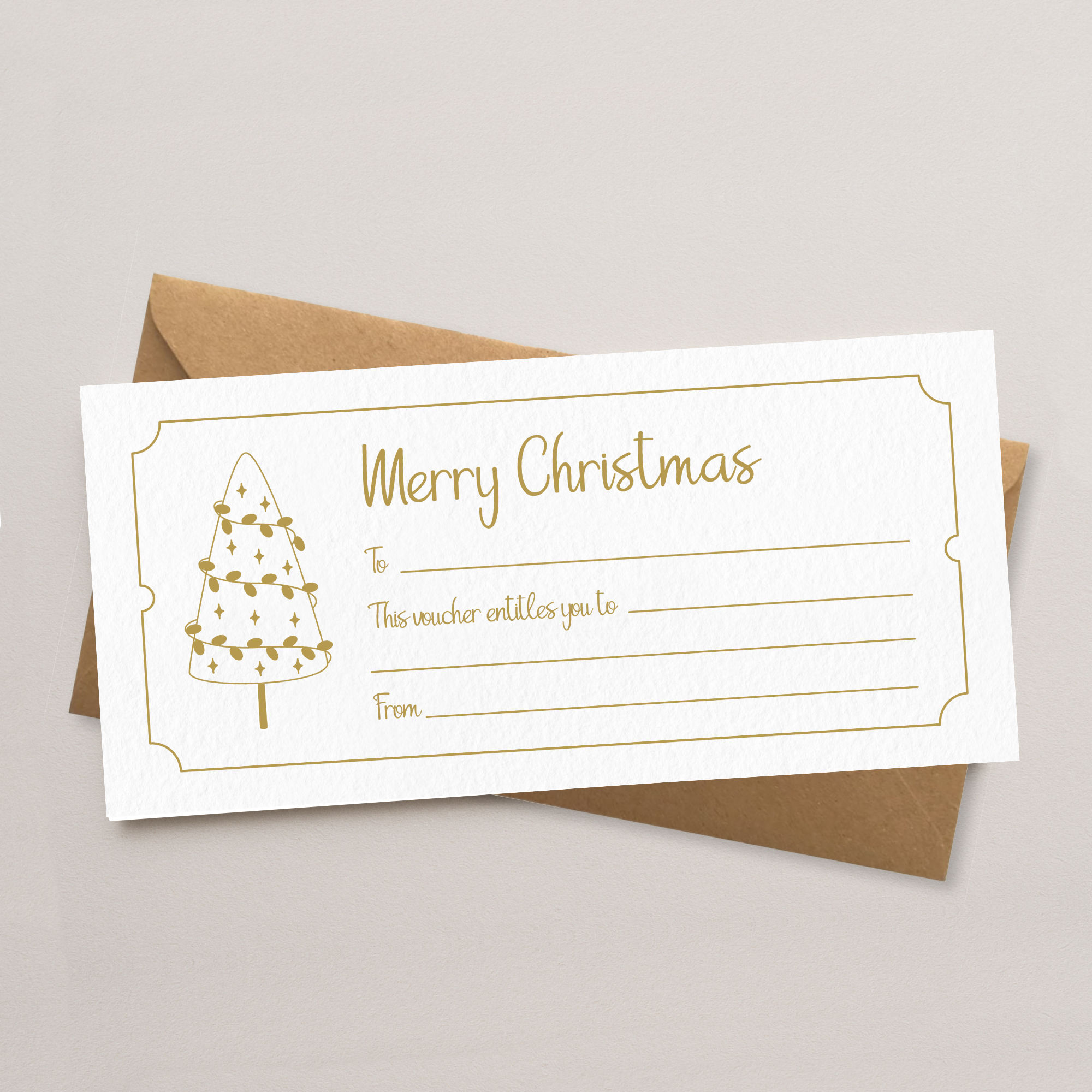 Personalisable gold blank Christmas gift voucher with Kraft brown envelope
