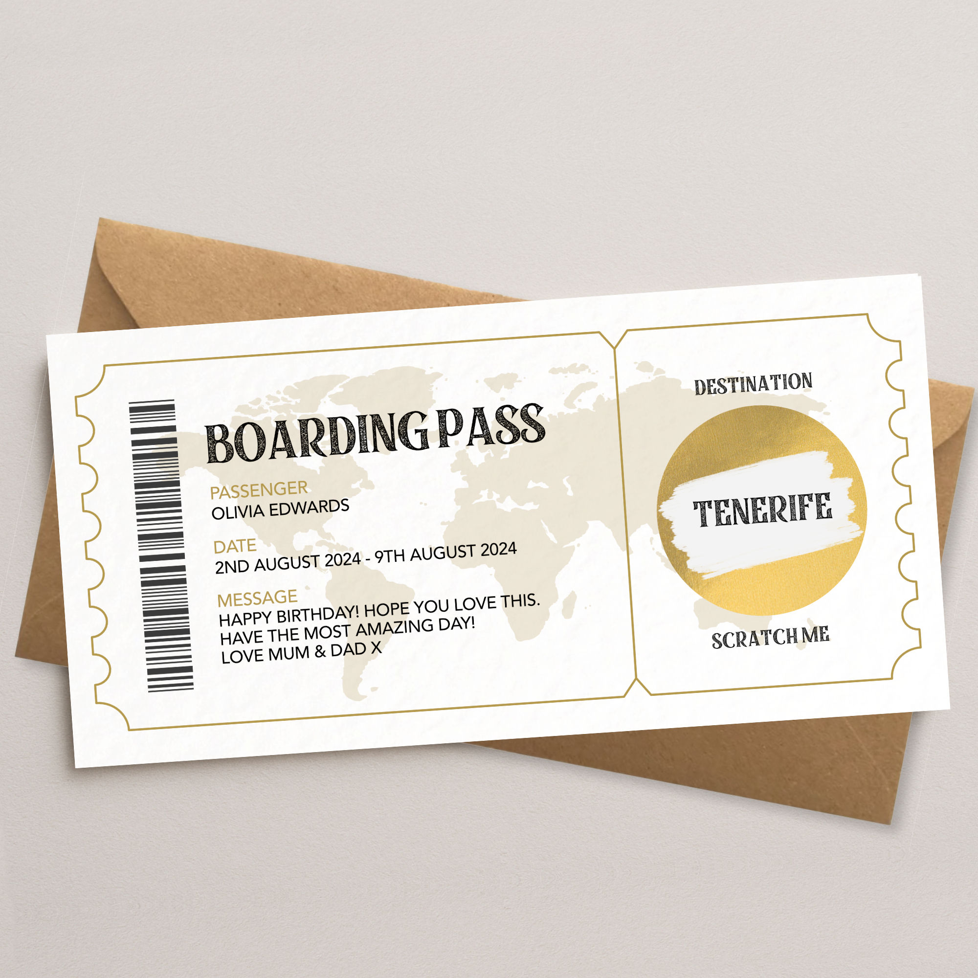 Personalised boarding pass scratch card with Kraft brown envelope