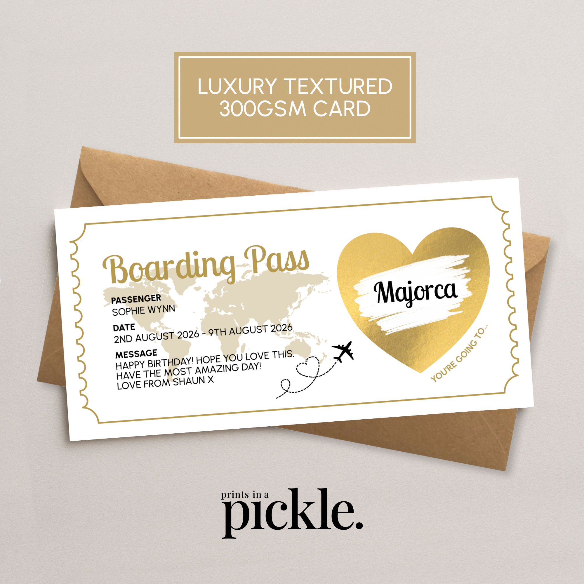 Personalised boarding pass holiday destination reveal scratch card with Kraft brown envelope