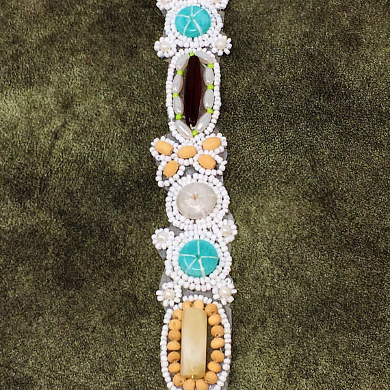 Thumbnail: Beaded (Pearl and Turquoise Colored) Chain Iron On Applique