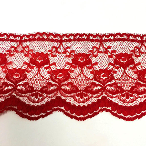 Thumbnail: 4" Wide Red Floral Pattern Lace by Yard