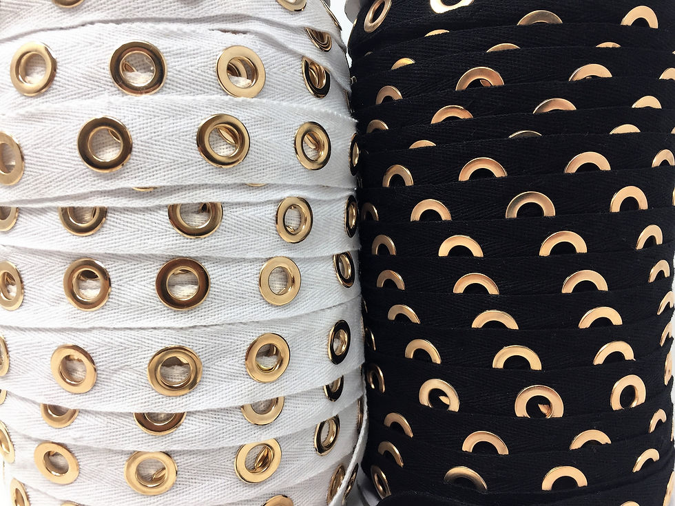 Thumbnail: Black OR White Eyelet Gold Plated Cotton Twill Tape By the Yard