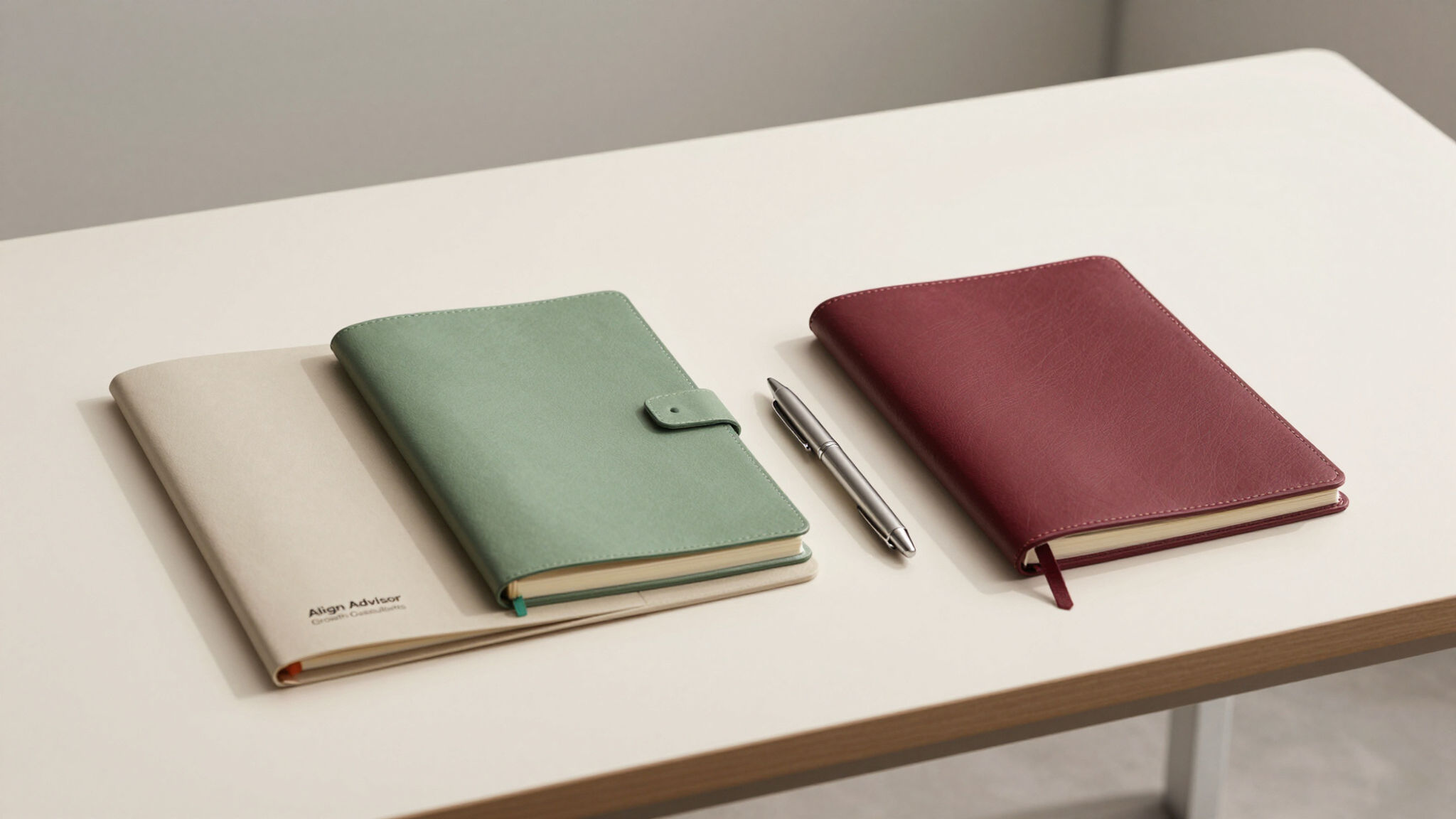 This is an image of colorful notebooks on a table with a pen.