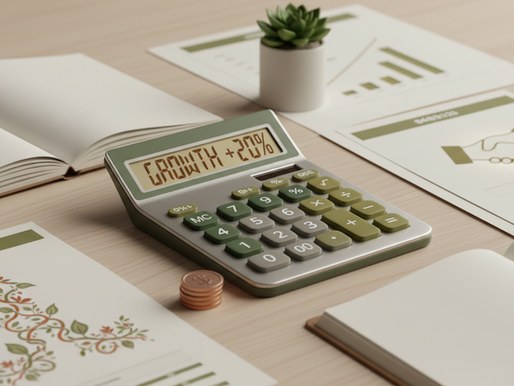 a calculator on a table with papers and a plant