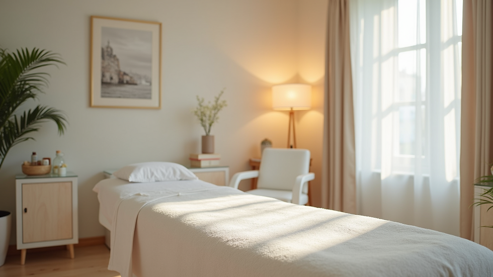 Eye-level view of a skincare clinic treatment room with a treatment chair and soft lighting