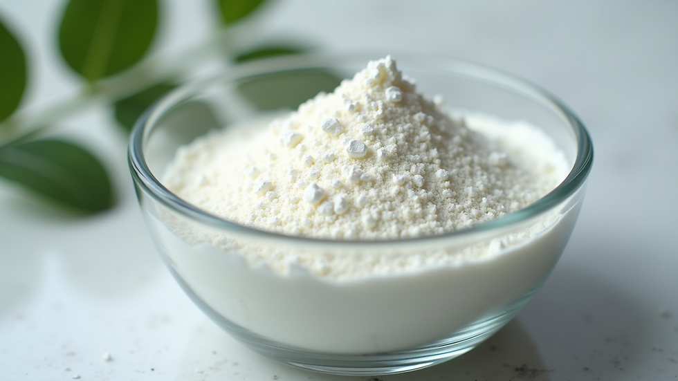 Close-up view of a white powder in a glass bowl representing glutathione supplement