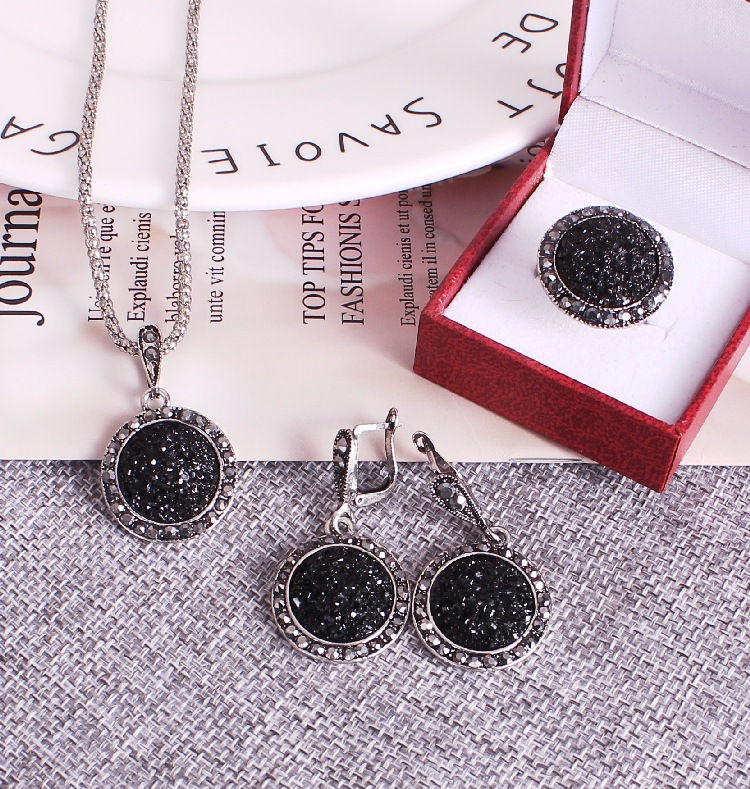 Thumbnail: Black Round Stone Resin Jewelry Set: Necklace, Bracelet, Earrings, Ring