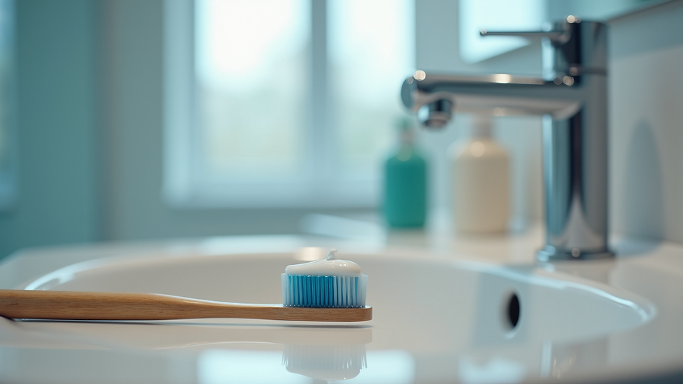 Close-up view of a toothbrush and toothpaste on a bathroom sink