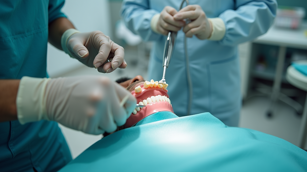 High angle view of various dental equipment used for crown procedures