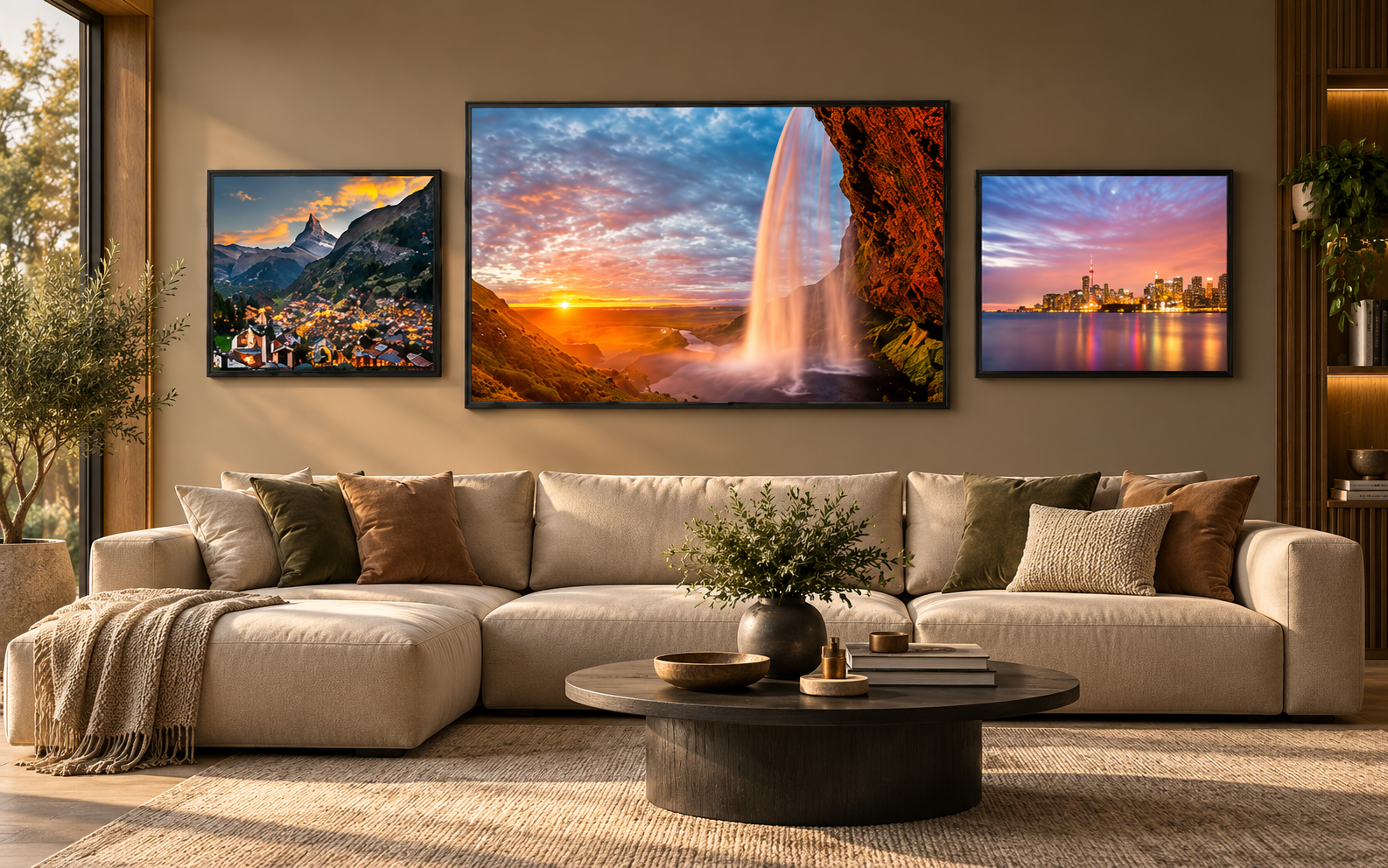 Living room wall visualization with framed photography arranged above a sofa