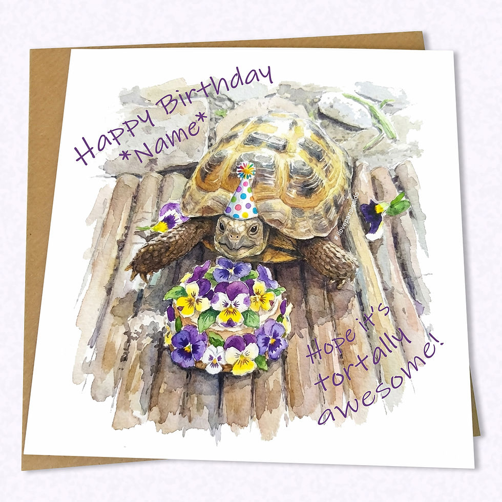 Personalised Luxury Birthday Card for Tortoise Lovers - Tortie has a Pansy Party