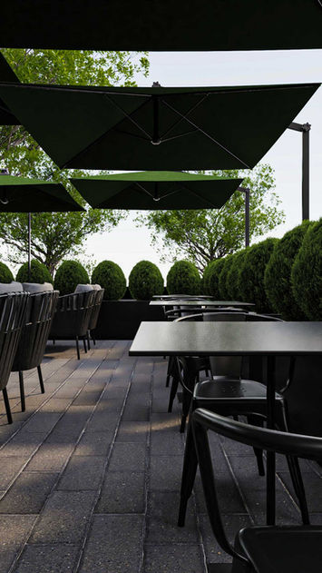 Modern brutalist cafe design with fresh outdoor seating options, Robson Café - Gokhan Dogan