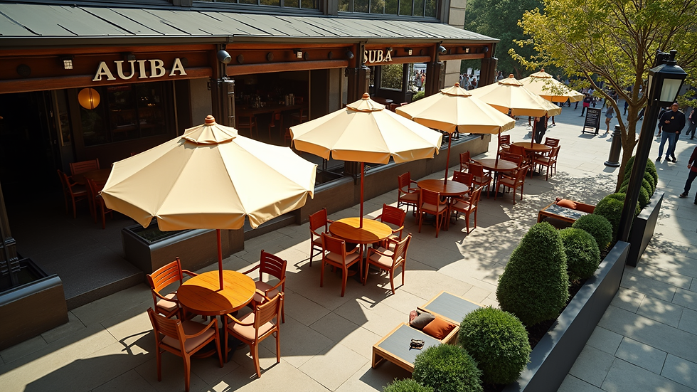 High angle view of a branded outdoor seating area with umbrellas