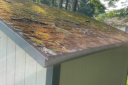Hydros Power Washing technician soft washing a shingle roof to remove algae, moss, and dirt.
