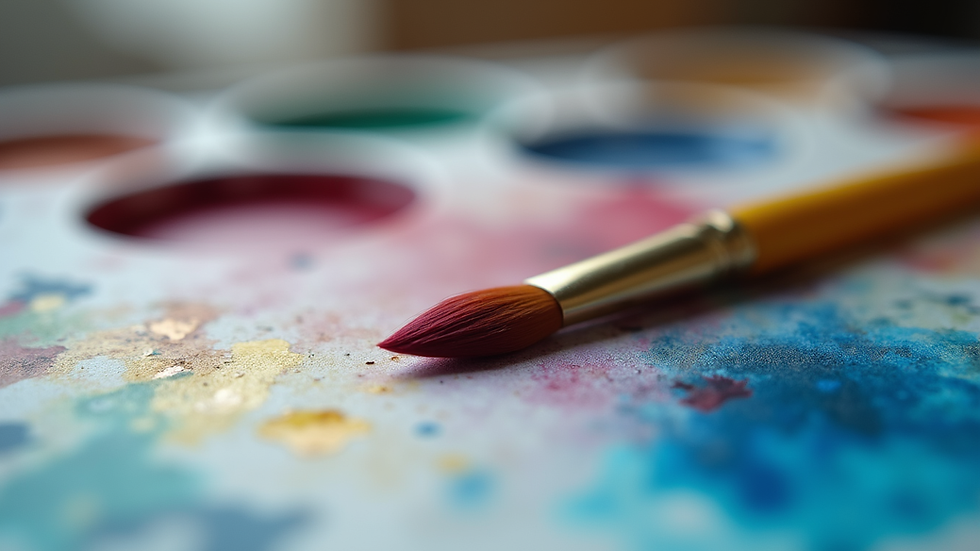 Eye-level view of a paintbrush resting on a palette with mixed watercolours