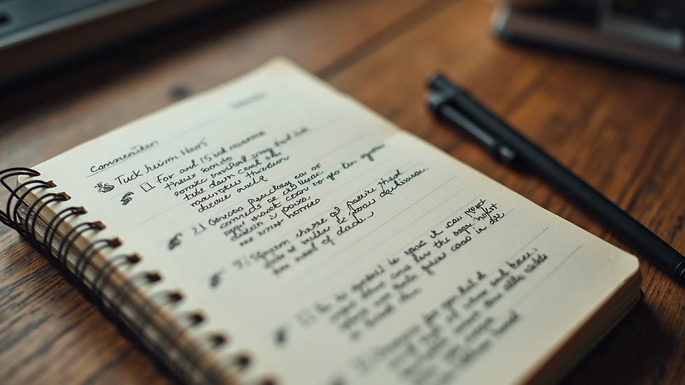 High angle view of a journal with handwritten notes and sketches