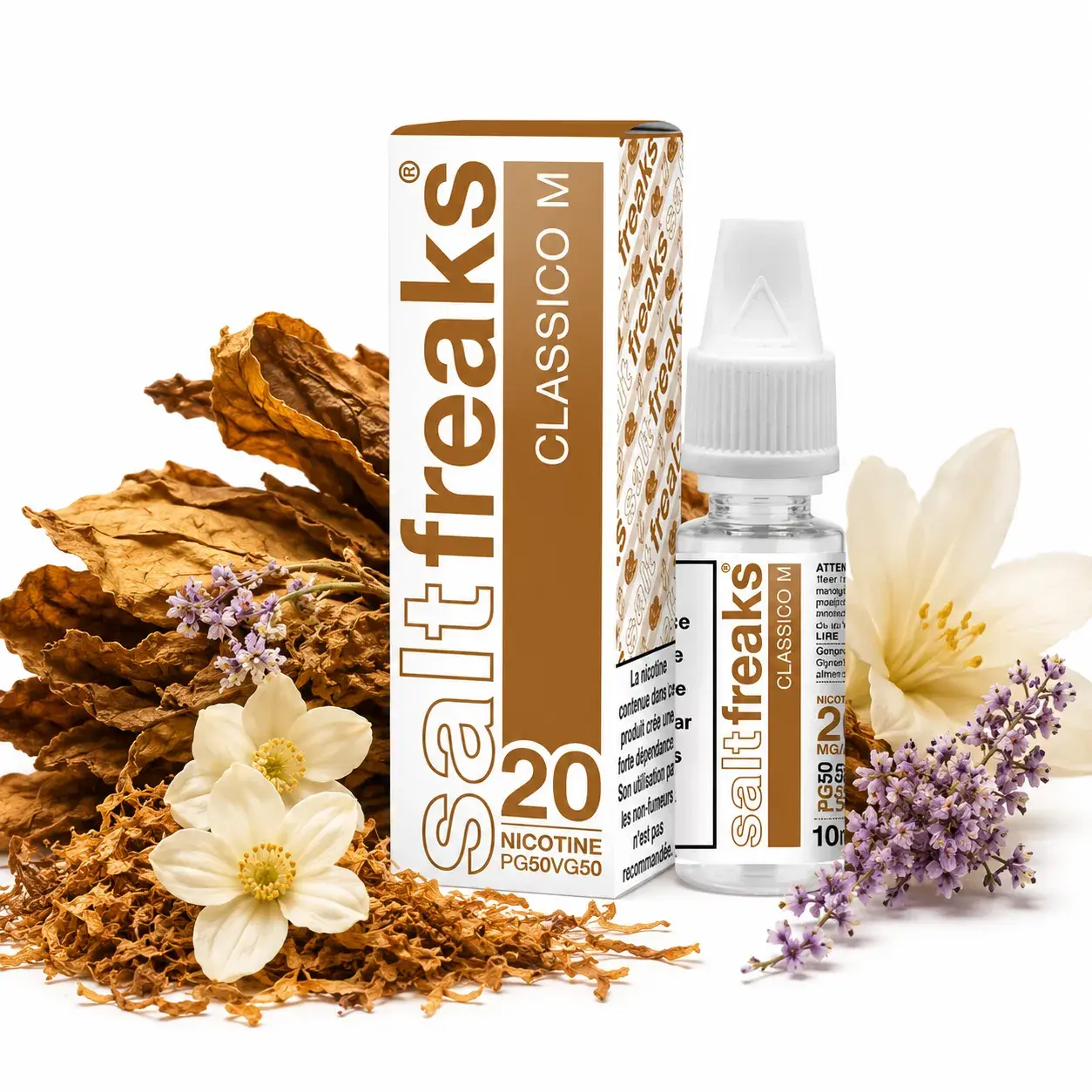E-liquide Classico M 10ml entouré de feuilles de tabac blond et fleurs délicates dans un univers biker western premium