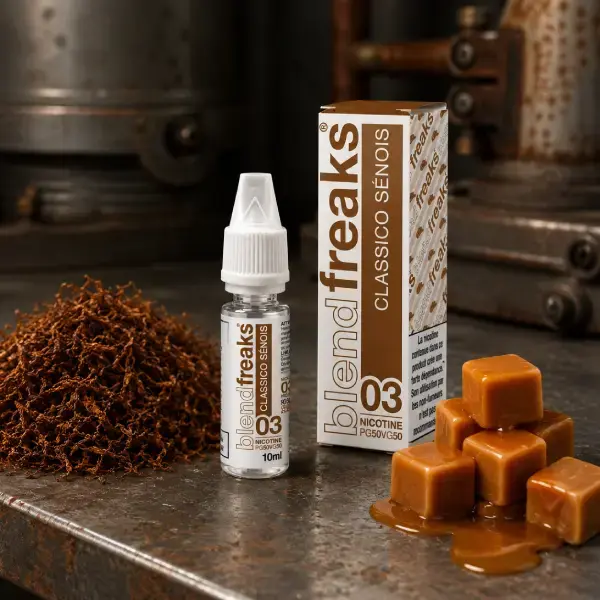 Miniature : E-liquide Classico Sénois Blend Freaks 10ml saveurs tabac brun et caramel présenté sur une table industrielle