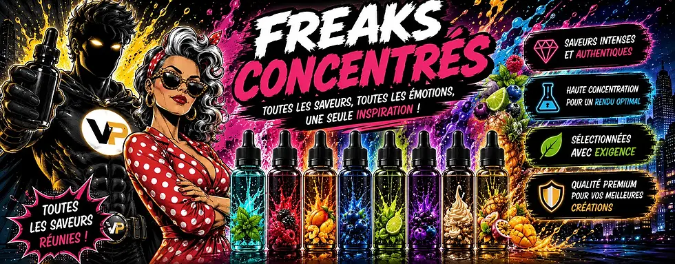 Concentrés Freaks pour DIY e-liquide avec saveurs fruitées, fraîches, gourmandes et boissons sur Vapopote.