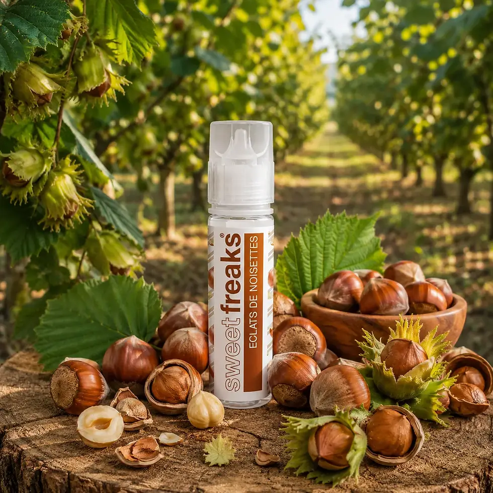 Miniature : E-liquide Eclats de Noisettes Freaks posé dans une forêt de noisetiers entouré de noisettes fraîches