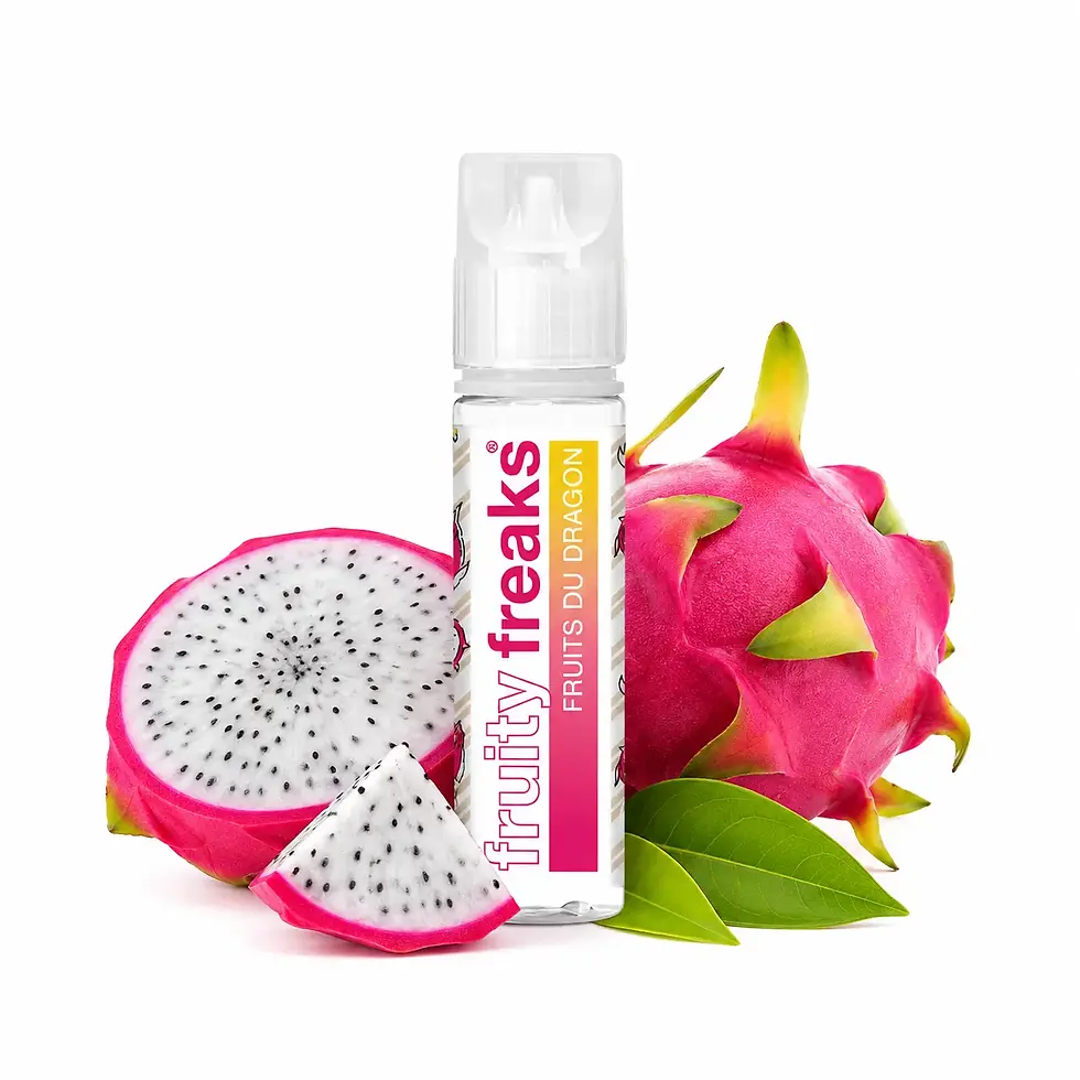 E-liquide Fruits du Dragon 50ml dans une serre de fruits du dragon avec ambiance tropicale lumineuse