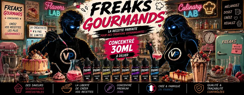 Bannière Freaks Gourmands concentrés 30ml avec Vapeman et Vapewoman dans un laboratoire culinaire rétro dédié à la création de recettes DIY gourmandes