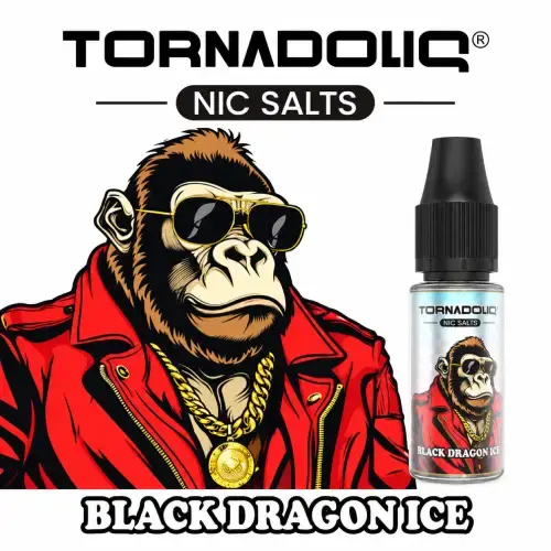 Miniature : Tornadoliq Nic Salts Black Dragon Ice avec personnage gorille en veste rouge et flacon