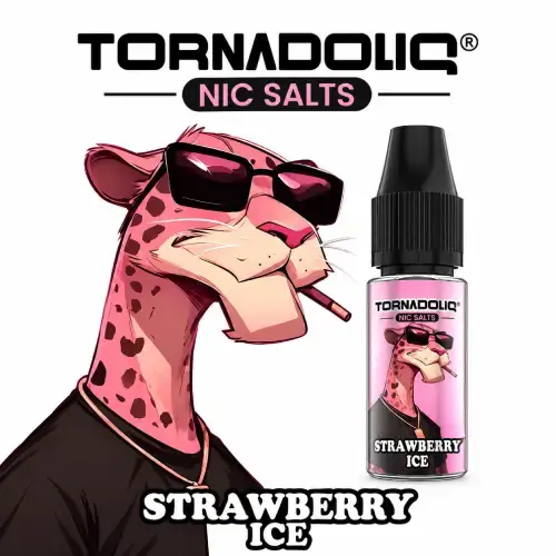 Miniature : Tornadoliq Nic Salts Strawberry Ice avec personnage félin rose et flacon