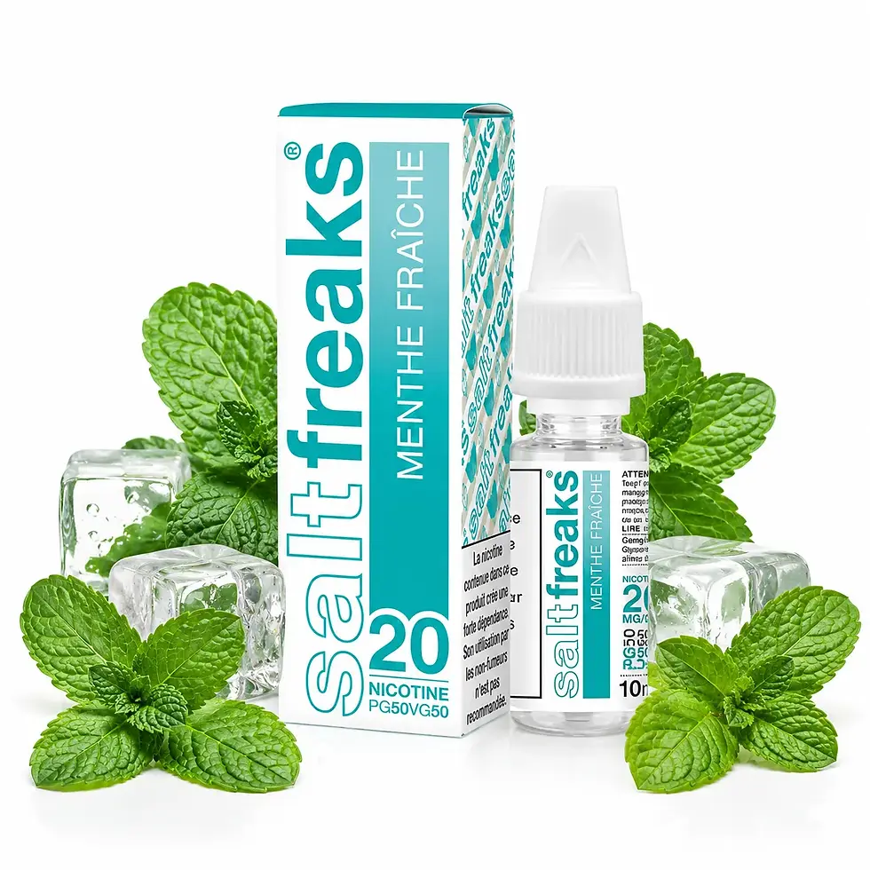 E-liquide Menthe Fraîche 10ml entouré de glace et ambiance montagne hivernale avec cigarette électronique